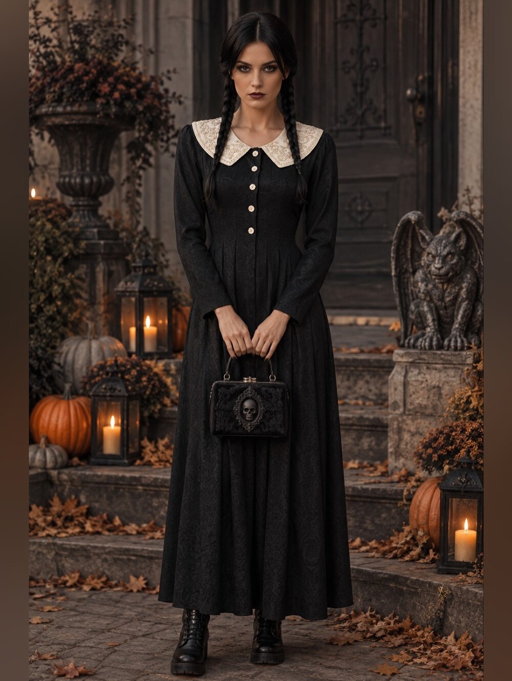 Wednesday Addams VINTAGE Maxi Dress Goth Black White Witchy Sz 6 Halloween EUC